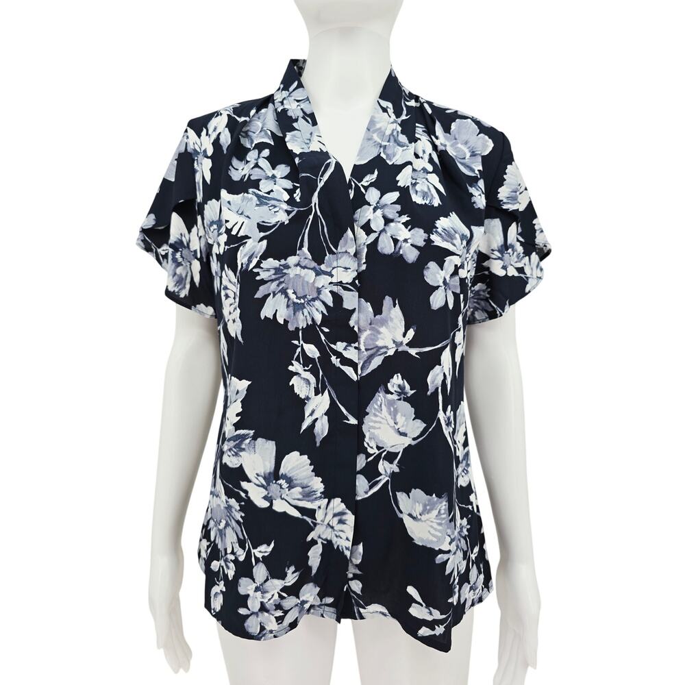 Calvin Klein Floral Sheer Button Up Top Blue M